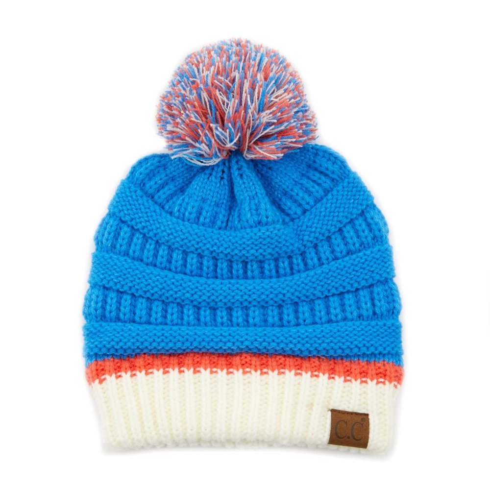 C.C Beanie College Color With Pom-BLUE/WHITE
